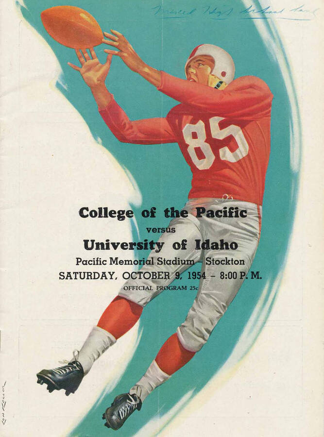 Official souvenir program of the Idaho - College of the Pacific football game, Saturday, October 09, 1954, Pacific Memorial Stadium, Stockton (California). Cover depicts pictures of a football player in a red jersey catching the ball.