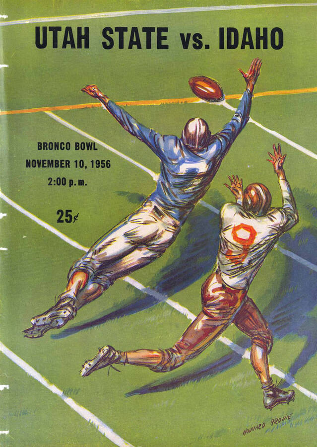 Official souvenir program of the Idaho - Utah State football game, Saturday, November 10, 1956, Bronco Bowl, Boise (Idaho). Cover depicts a picture of a football player in a blue jersey intercepting a pass from a player in a white jersey.