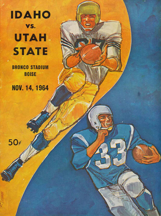 Official souvenir program of the Idaho - Utah State football game, Saturday, November 14, 1964, Bronco Stadium, Boise (Idaho). Cover depicts a picture of two football players one in a blue and the other in a white uniform, both running with a football .
