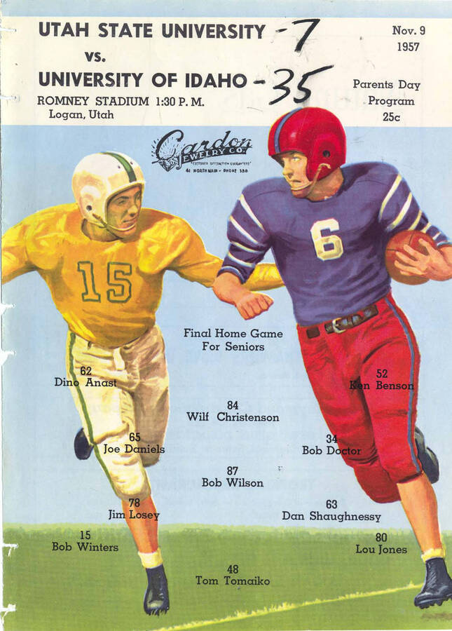 Official souvenir program of the Idaho - Utah State football game, Saturday, November 09, 1957, Romney Stadium, Logan (Utah). Parent's Day.  Cover depicts a cartoon drawing of a football player in yellow about to tackle a player in blue and red.
