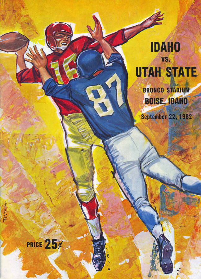 Official souvenir program of the Idaho - Utah State football game, Saturday, September 22, 1962, Bronco Stadium, Boise (Idaho). Cover depicts a cartoon drawing of a football player in red getting tackled by another football player in blue.