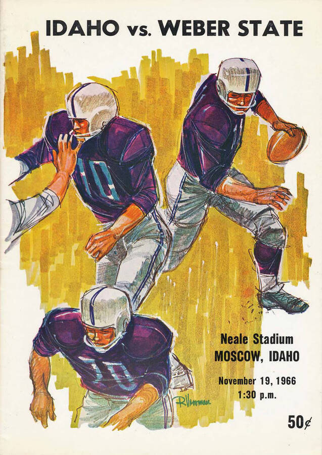 Official souvenir program of the Idaho - Weber State College football game, Saturday, November 19, 1966, Neale Stadium, Moscow (Idaho).  Cover depicts a picture three football players in purple uniforms