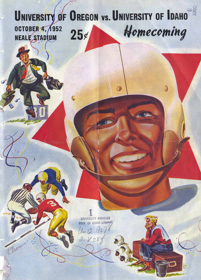 Official souvenir program of the Idaho - University of Oregon football game, Saturday, October 4, 1952, Neale Stadium, Moscow (Idaho). Homecoming. Cover depicts a cartoon picture football players.