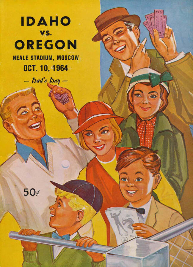 Official souvenir program of the Idaho - University of Oregon football game, Saturday, October 10, 1964, Neale Stadium Moscow (Idaho). Dad's Day. Cover depicts a cartoon picture of a family getting tickets for the game.