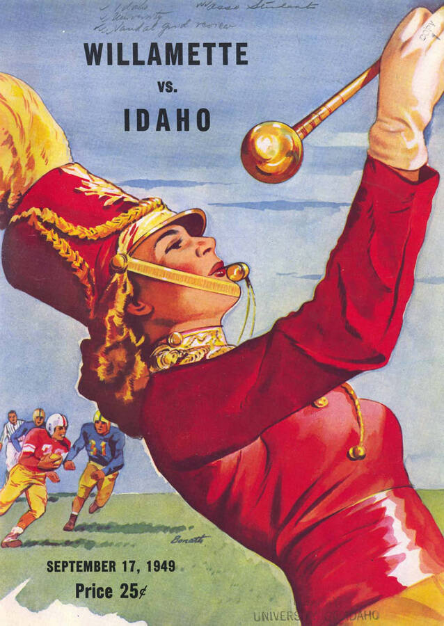 Official souvenir program of the Idaho - Willamette University football game, Saturday, September 17, 1949, Neale Stadium, Moscow (Idaho).  Cover depicts a picture of a cartoon woman batton twirler with football players in the background.