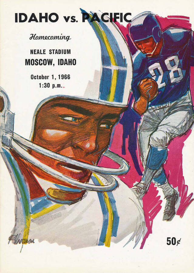 Official souvenir program of the Idaho - College of the Pacific football game, Saturday, October 01, 1966, Neale Stadium, Moscow (Idaho). Homecoming.  Cover depicts pictures of football players.