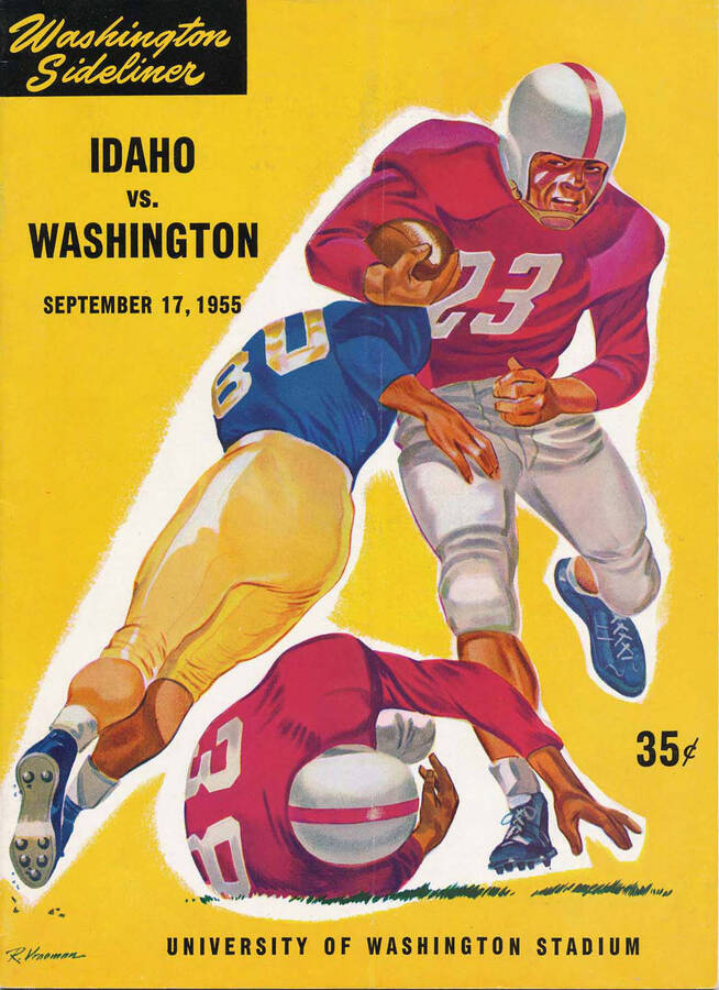 Official souvenir program of the Idaho - University of Washington, September 17, 1955, University of Washington Stadium, Seattle (Washington). Cover depicts a picture of a quarterback pushing through his opponent while he finishes falling after the quarterbacks defender tackled him.