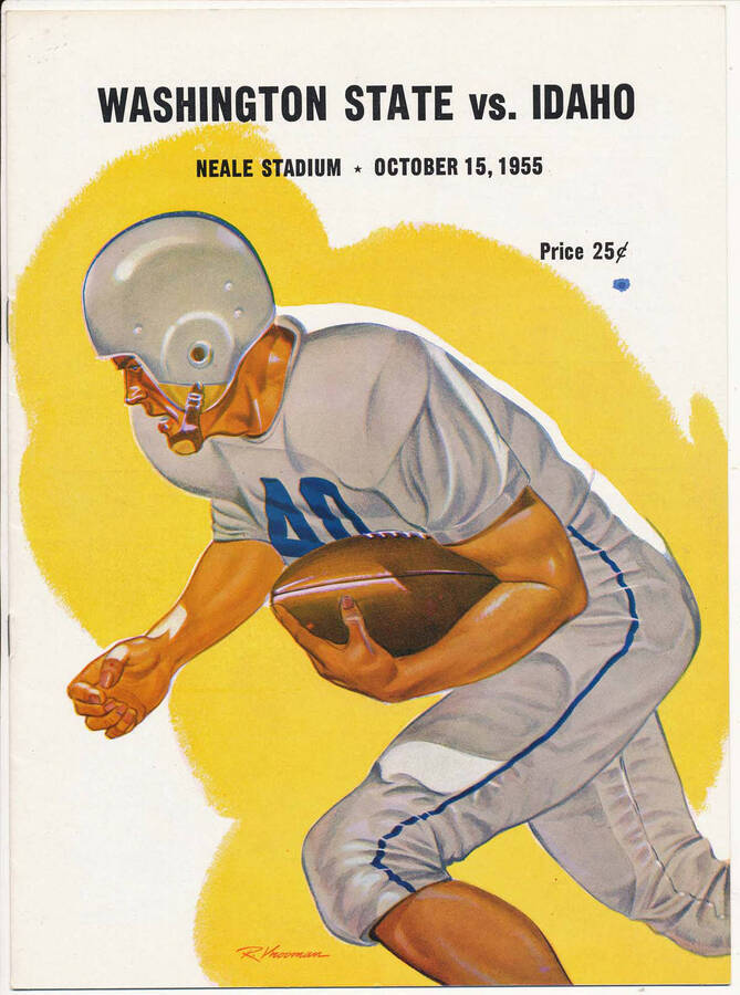 Official souvenir program of the Idaho - Washington State University football game, Saturday, October 15, 1955, Neale Stadium, Moscow (Idaho).  Cover depicts a picture of a cartoon football player in a white uniform running the ball.