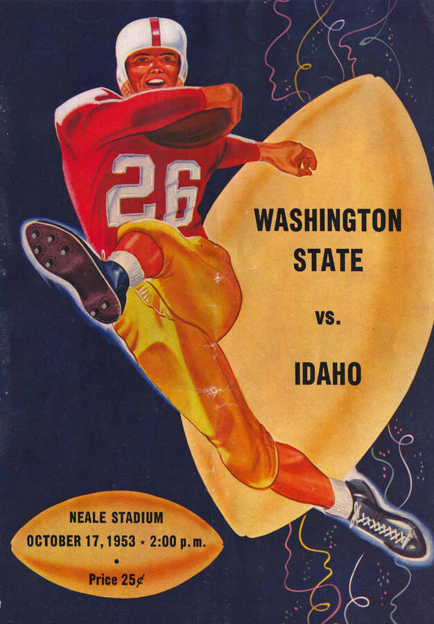 Official souvenir program of the Idaho - Washington State University football game, Saturday, October 17, 1953, Neale Stadium, Moscow (Idaho).  Cover depicts a picture of a cartoon football player in a red uniform running with the ball.