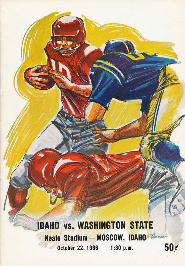 Official souvenir program of the Idaho - Washington State University football game, Saturday, October 22, 1966, Neale Stadium, Moscow (Idaho). Annual Game. Cover depicts a picture of two football players in red uniforms about to get tackled by a football player in a blue uniform.