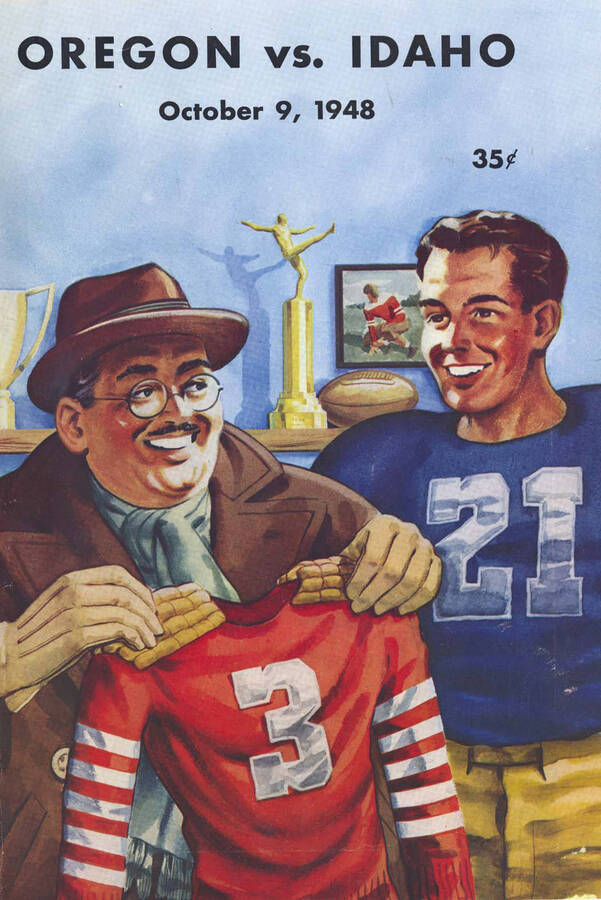 Official souvenir program of the Idaho - University of Oregon football game, Saturday, October 09, 1948, Neale Stadium, Moscow (Idaho). Cover depicts a cartoon picture of a dad showing his son his old red jersey from when he used to play, and his son is in a blue jersey currently playing. Idaho lost the game 8-15.