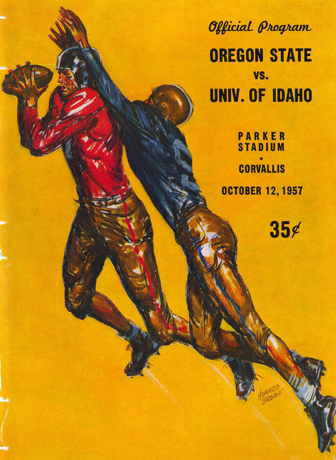 Official souvenir program of the Idaho - Oregon State football game, Saturday, October 12, 1957, Parker Stadium, Corvallis (Oregon).  Cover depicts a cartoon drawing of a football player in blue tackling a football player in red .
