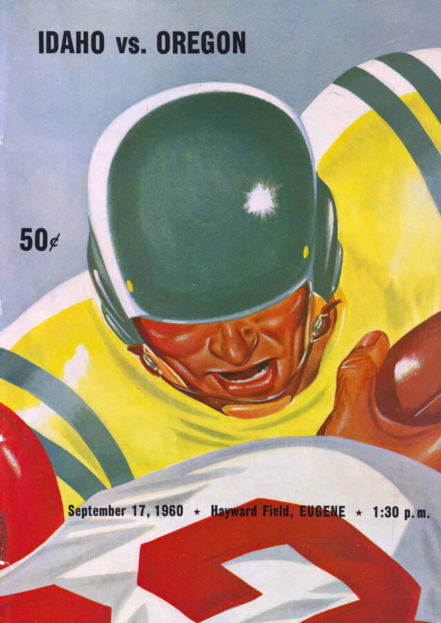 Official souvenir program of the Idaho - Oregon  football game, Saturday, September 17, 1960, Hayward Field, Eugene (Oregon).  Cover depicts a cartoon drawing of a football player in a yellow uniform holding a football as a player in a red uniform tackles him.