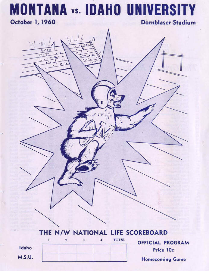 Official souvenir program of the Idaho - University of Montana football game, Saturday, October 01, 1960, Dornblaser Field, Missoula (Montana). Homecoming;  Cover depicts a cartoon drawing of a bear in a football uniform with a football and a helmet running the ball.