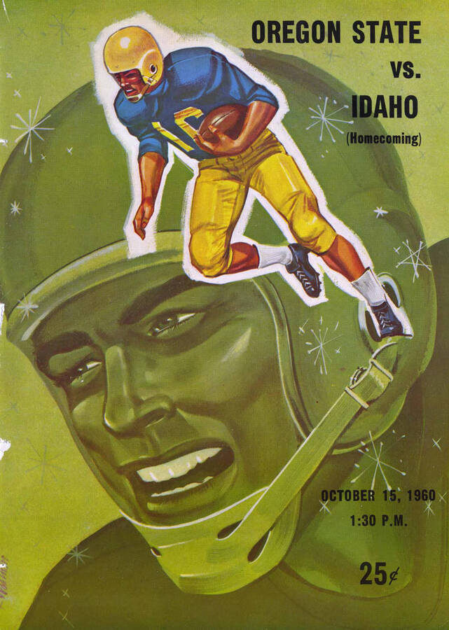 Official souvenir program of the Idaho - Oregon State football game, Saturday, October 15, 1960, Neale Stadium, Moscow (Idaho). Homecoming;  Cover depicts a cartoon drawing of a football player's face in green as a background, with a player with a blue and yellow uniform running the ball in the foreground.