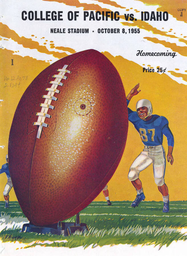 Official souvenir program of the Idaho - College of the Pacific football game, Saturday, October 08, 1955, Neale Stadium, Moscow (Idaho). Homecoming.  Cover depicts the offensive team egging on the kicker from the viewpoint of in front of the ball on the ground.