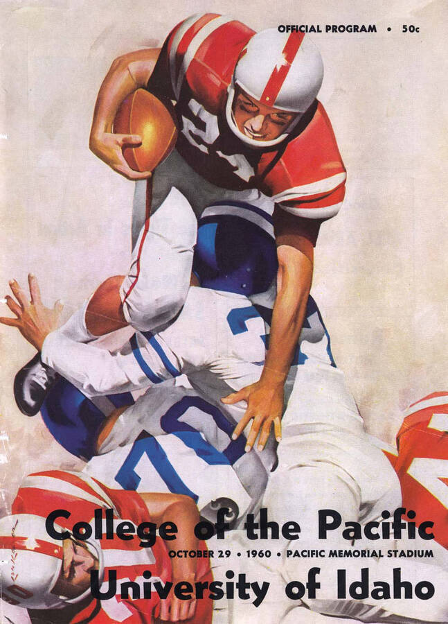 Official souvenir program of the Idaho - College of the Pacific football game, Saturday, October 29, 1960, Pacific Memorial Stadium, Stockton (California). Cover depicts a cartoon drawing of a football player in red with the ball attempting to hurdle over a pile of downed men on the field who had attempted to take him down.