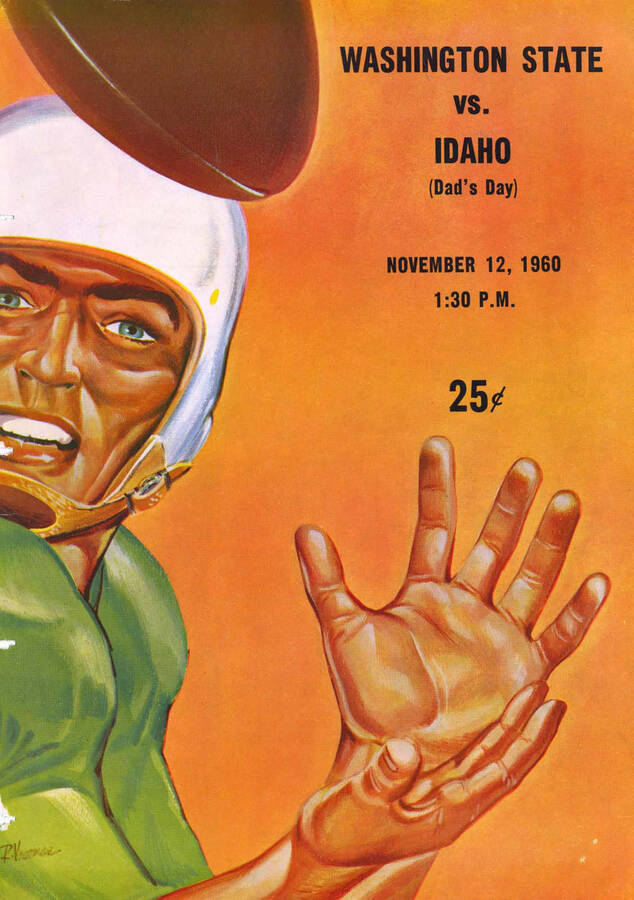 Official souvenir program of the Idaho - Washington State football game, Saturday, November 12, 1960, Neale Stadium, Moscow (Idaho). Dad's Day. Cover depicts a picture of a football player in green catching a football.