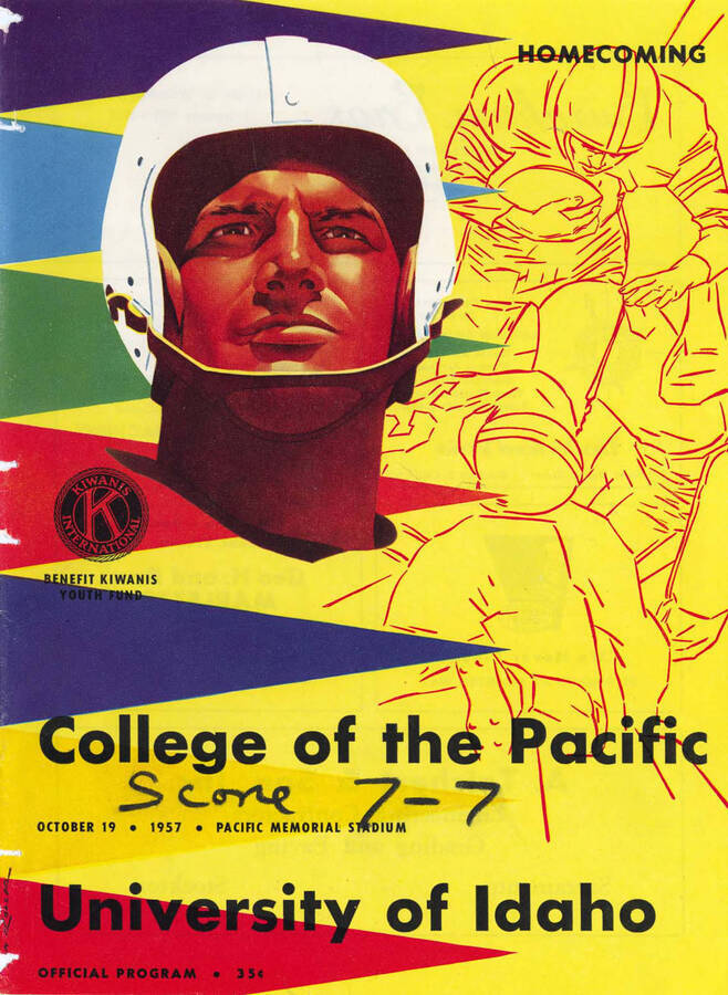 Official souvenir program of the Idaho - College of the Pacific football game, Saturday, October 19, 1957, Pacific Memorial Stadium, Stockton (California). Homecoming. Cover depicts pictures of football players.
