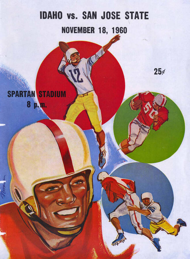 Official souvenir program of the Idaho - San Jose State football game, Friday, November 18, 1960, Spartan Stadium, San Jose (California). Cover depicts several pictures of football players.