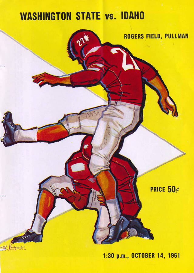 Official souvenir program of the Idaho - Washington State University football game, Saturday, October 14, 1961, Rogers Field, Pullman (Washington). Cover depicts a picture of a football player in a red uniform punting a football.
