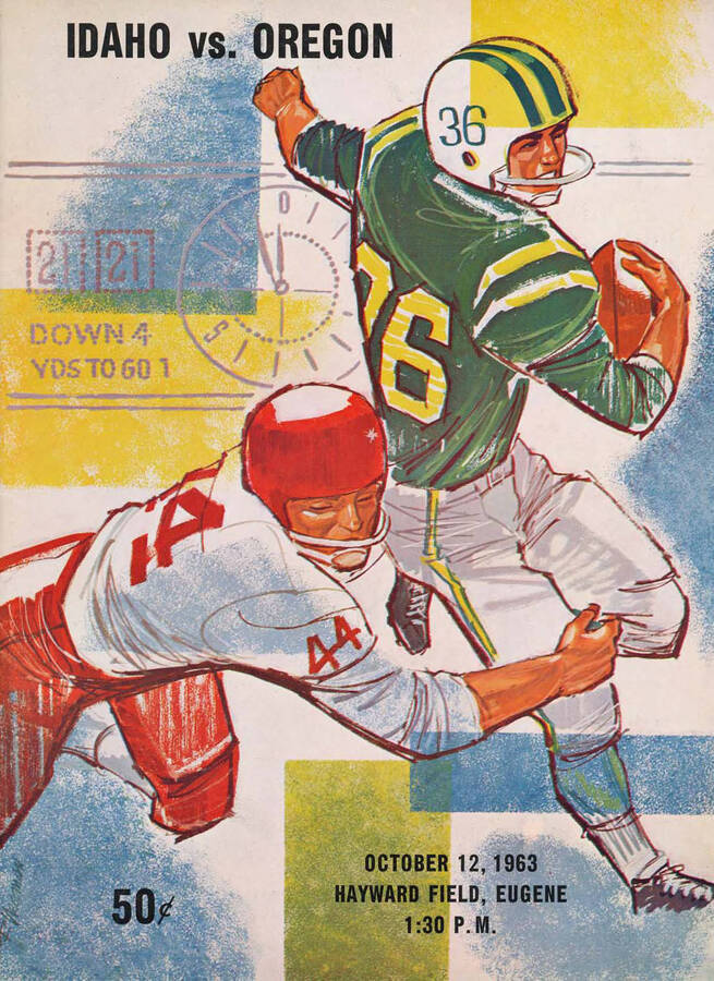 Official souvenir program of the Idaho - University of Oregon football game, Saturday, October 12, 1963, Hayward Field, Eugene (Oregon). Cover depicts a cartoon picture of a football player in green evading tackle from a football player in red.