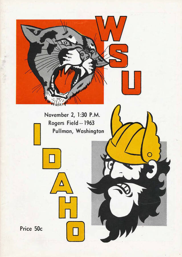 Official souvenir program of the Idaho - Washington State University football game, Saturday, November 02, 1963, Rodgers Field, Pullman (Washington). Cover depicts a picture of a cougar and a Vandal.