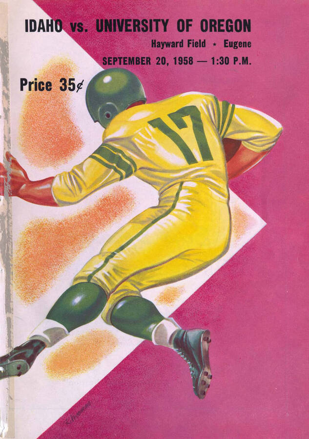 Official souvenir program of the Idaho - University of Oregon football game, Saturday, September 20, 1958, Hayward Field, Eugene (Oregon). Cover depicts a picture of a football player in a yellow uniform meandering to avoid take down.
