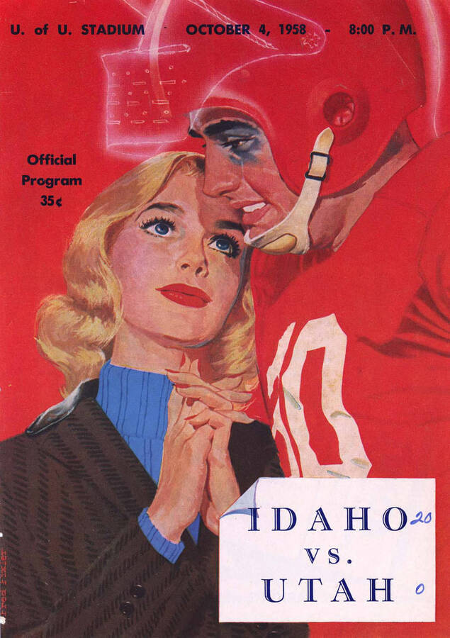 Official souvenir program of the Idaho - University of Utah football game, Saturday, October 04, 1958, Salt Lake City (Utah) University of Utah Stadium. Cover depicts a picture of a football player in red hugging a girl with blonde hair and blue eyes.