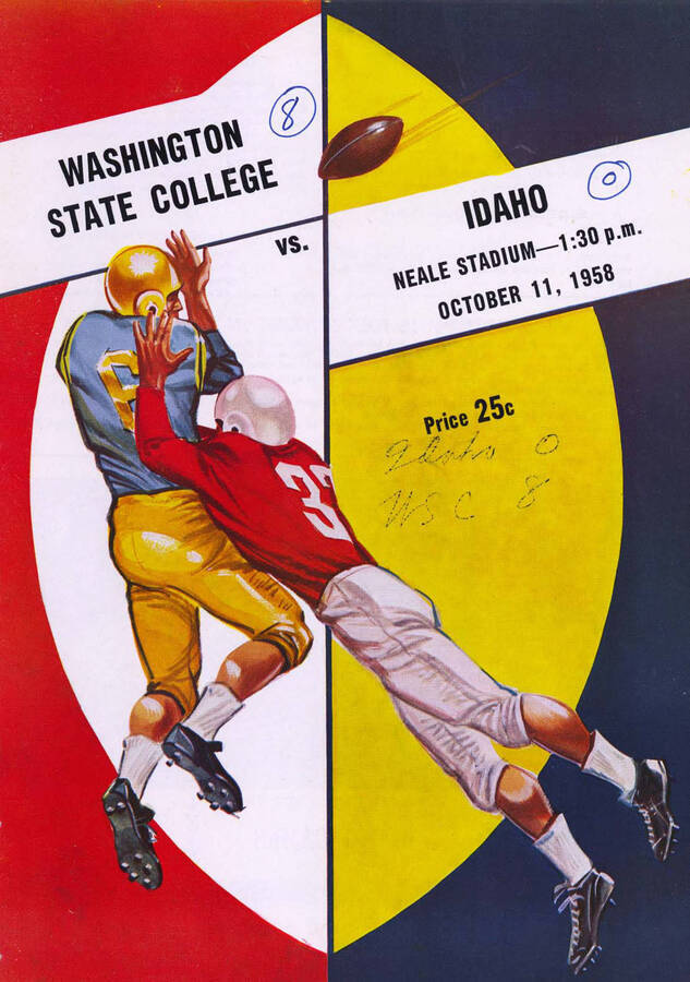 Official souvenir program of the Idaho - Washington State College football game, Saturday, October 11, 1958, Neale Stadium, Moscow (Idaho). Cover depicts a picture of a red football player tackling a blue football player who is trying to catch the ball.