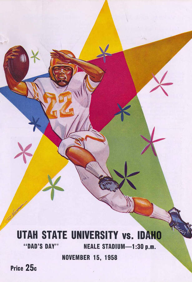 Official souvenir program of the Idaho - Utah State football game, Saturday, November 15, 1958, Neale Stadium, Moscow (Idaho). Dad's Day. Cover depicts a picture of a football player in a white uniform catching a football.