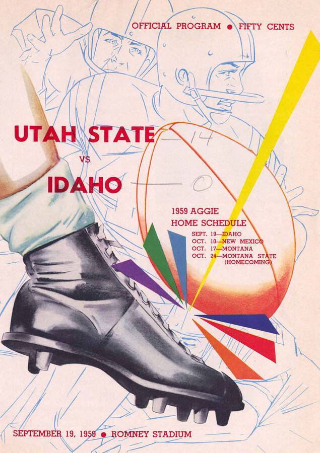 Official souvenir program of the Idaho - Utah State football game, Tuesday, September 19, 1959,Romney Stadium, . Cover depicts a picture of the cleat of a football player punting a balll.