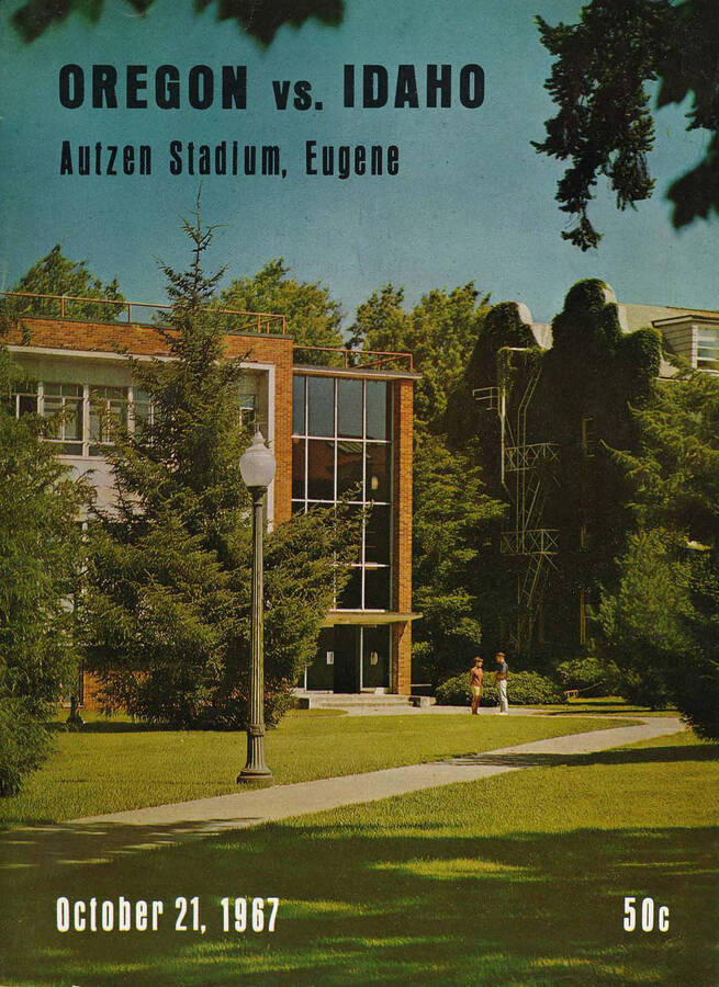 Official souvenir program of the Idaho - University of Oregon football game, Saturday, October 21,1967, Hayward Field, Eugene (Oregon). Cover depicts a picture of Autzen Stadium in Eugene, Oregon.