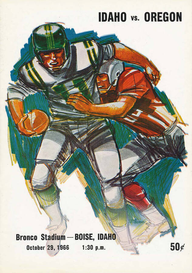 Official souvenir program of the Idaho - University of Oregon football game, Saturday, October 29, 1966, Boise (Idaho). Cover depicts a picture of a football player in red tackling a football player in green.