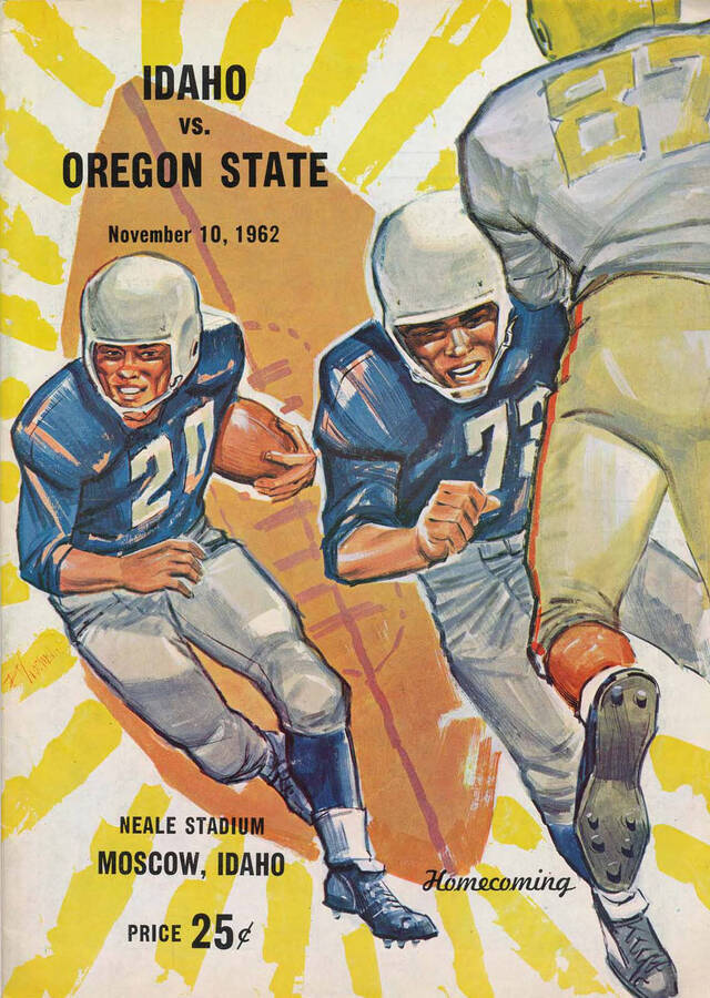 Official souvenir program of the Idaho - University of Oregon football game, Saturday, November 10, 1962, Neale Stadium, Moscow (Idaho). Homecoming. Cover depicts a picture of a football player in blue running the ball with his teammate about to tackle a player in yellow in front of him, with a large football as a backdrop behind them.