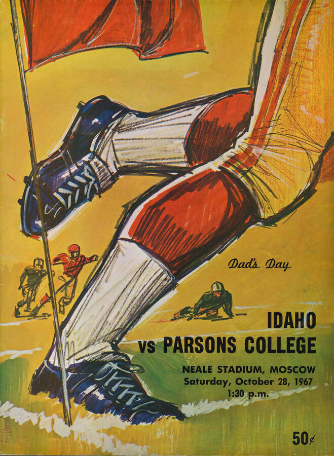Official souvenir program of the Idaho - Parsons (Iowa) football game, Saturday, October 28, 1967, Neale Stadium, Moscow (Idaho). Dad's Day. Cover depicts a picture of a football player running right next to the out of bounds line.