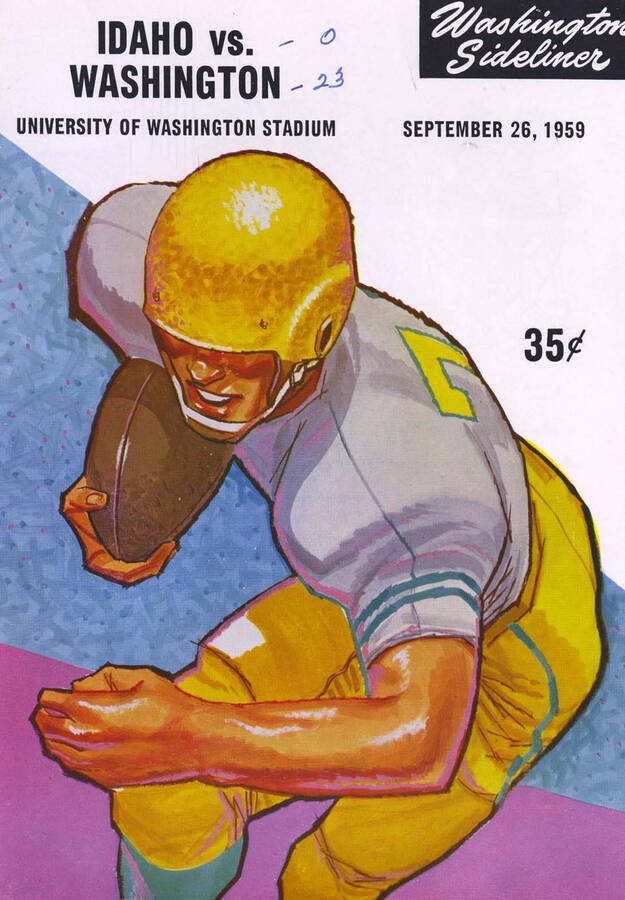 Official souvenir program of the Idaho - University of Washington football game, Saturday, September 26, 1959, University of Washington Stadium, Seattle (Washington). Cover depicts a picture of a football player in a yellow uniform running with a football.