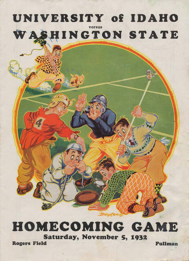 Official souvenir program of the Idaho - Washington State University football game, Saturday, November 05, 1932, Rodgers Field, Pullman (Washington). Homecoming. Cover depicts a cartoon picture of two opponents arguing about a call, and referees measuring where the football is on the penalty line.