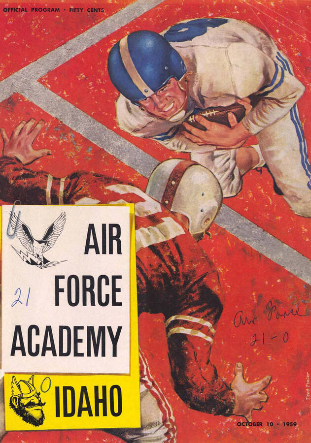 Official souvenir program of the Idaho - Air Force Academy football game, Saturday, October 10, 1959, Neale Stadium, Moscow (Idaho). Cover depicts a picture of a football player in a blue uniform running with a football and football player in a red uniform about to tackle him.
