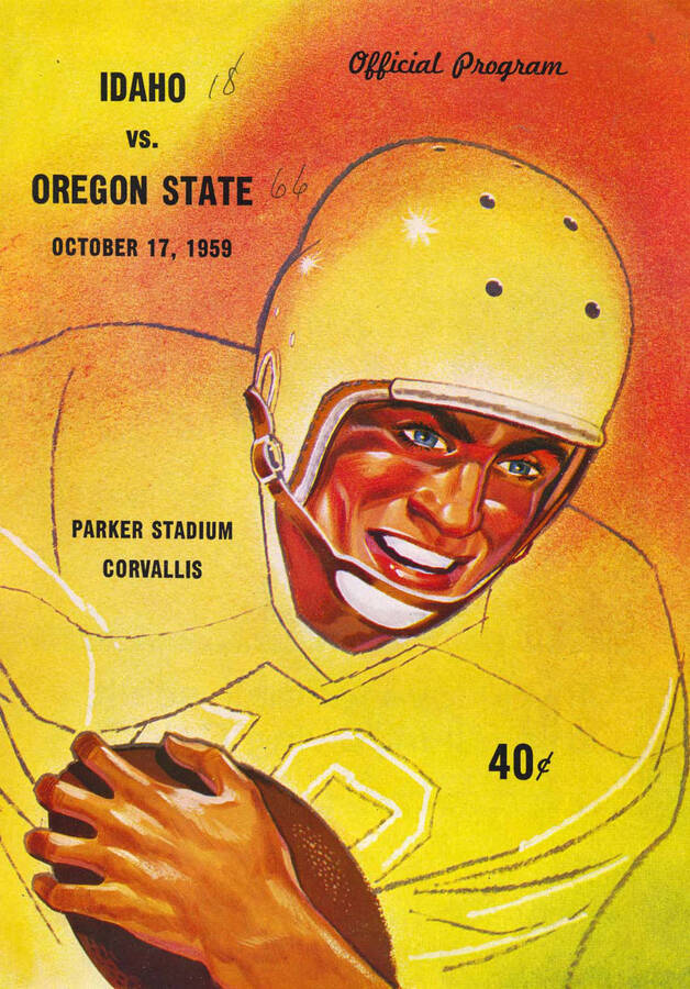 Official souvenir program of the Idaho - Oregon State football game, Saturday, October 17, 1959, Parker Stadium, Corvallis (Oregon). Cover depicts a picture of a football player running with a football.