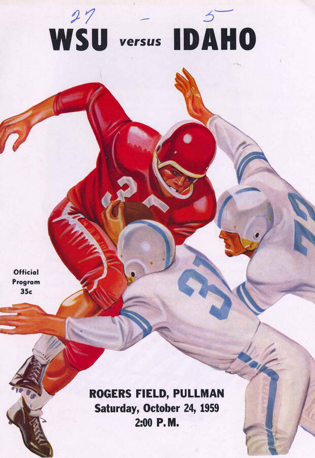 Official souvenir program of the Idaho - Washington State University football game, Saturday, October 24, 1959, Rogers Field, Pullman (Washington). Cover depicts a picture of a football player running with a football in a red uniform being tackled by two players in white uniforms.