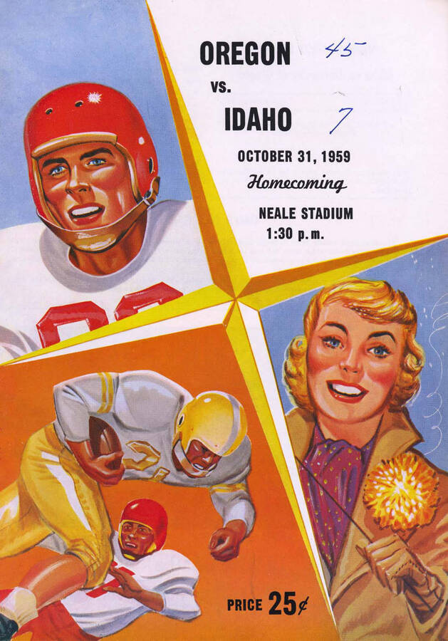 Official souvenir program of the Idaho - Oregon State football game, Saturday, October 31, 1959, Neale Stadium, Moscow (Idaho). Homecoming. Cover depicts a picture of a football player in a red uniform, a woman cheering, and a player in a yellow uniform pushing through someone in a red uniform who tried to tackle him.
