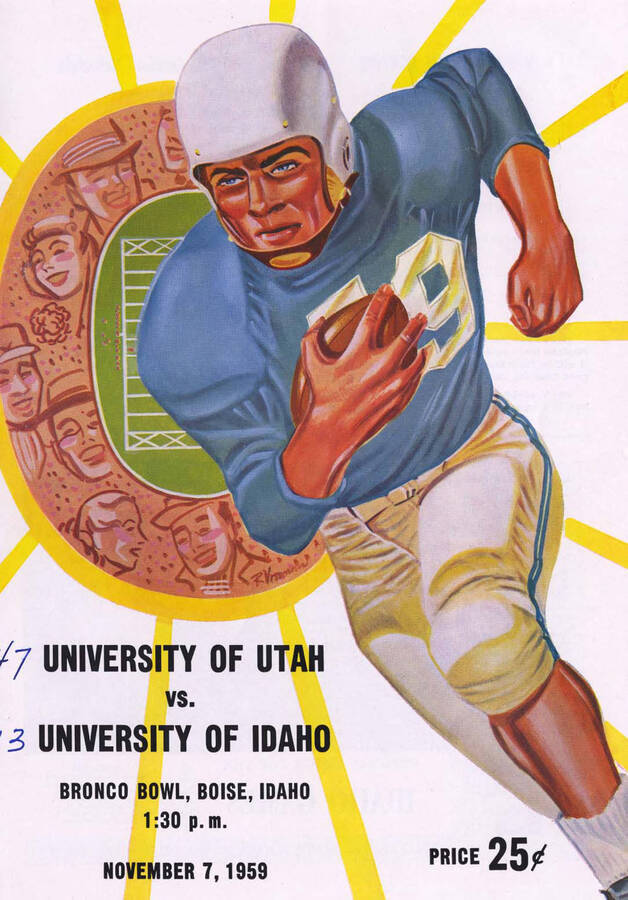 Official souvenir program of the Idaho - University of Utah football game, Saturday, November 07, 1959, Bronco Bowl, Boise (Idaho). Cover depicts a picture of a football player in a blue uniform running with a football, with a cartoon view from the top of a stadium as a background.