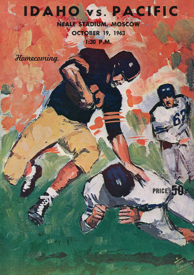 Official souvenir program of the Idaho - College of the Pacific football game, Saturday, October 19, 1963, Neale Stadium, Moscow (Idaho). Homecoming. Cover depicts pictures of a football player in blue evading a tackle from his opponent.
