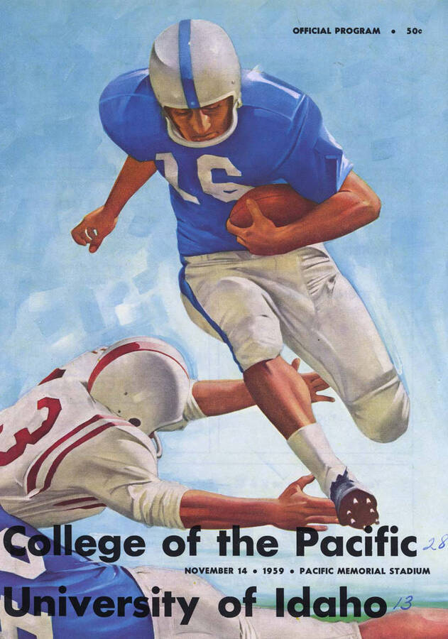 Official souvenir program of the Idaho - College of the Pacific football game, Saturday, November 14, 1959, Pacific Memorial Stadium, Stockton (California). Cover depicts a picture of a football player in a blue uniform jumping over a football player in a white uniform to evade takedown.