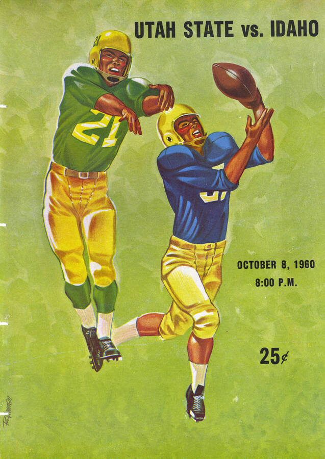 Official souvenir program of the Idaho - Utah State University football game, Saturday, October 08, 1960, Boise (Idaho), Bronco Stadium. Homecoming;  Cover depicts a cartoon drawing of a player in blue catching the ball after a failed interception by a player in green.