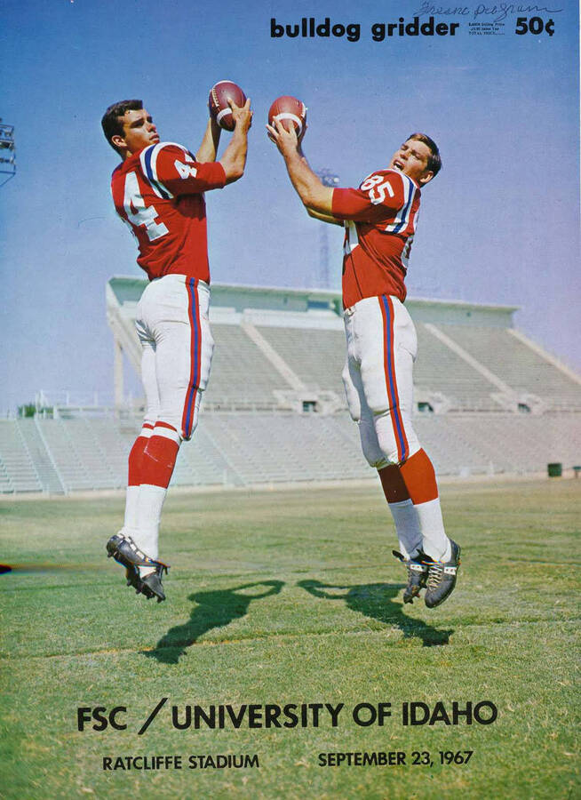 Official souvenir program of the Idaho - Fresno State College football game, Saturday, September 23, 1967, Ratcliffe Stadium, Fresno (California). Ratcliffe Stadium. Cover depicts picture of two football players jumping in the air with each of them carrying a football.