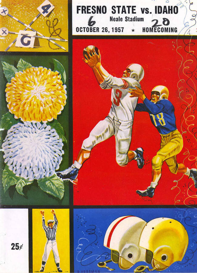 Official souvenir program of the Idaho - Fresno State College football game, Saturday, October 26, 1957, Neale Stadium, Moscow (Idaho). Homecoming. Cover depicts picture of a football player catching a ball about to be tackled by his opponent.