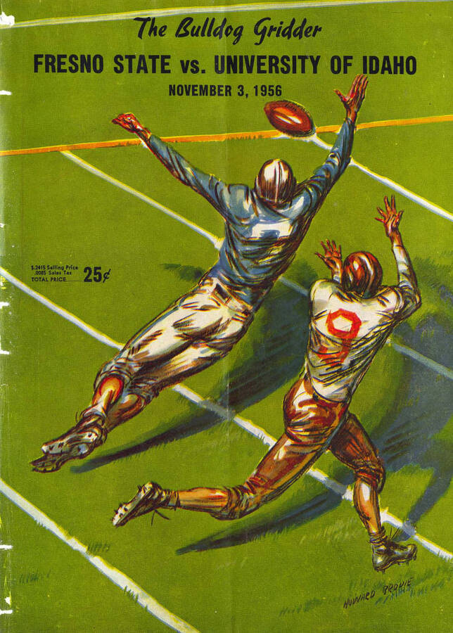 Official souvenir program of the Idaho - Fresno State College football game, Saturday, November 03, 1956, Fresno (California). The Bulldog Gridder. Cover depicts a football player in a blue jersey intercepting a pass from a player in a white jersey.