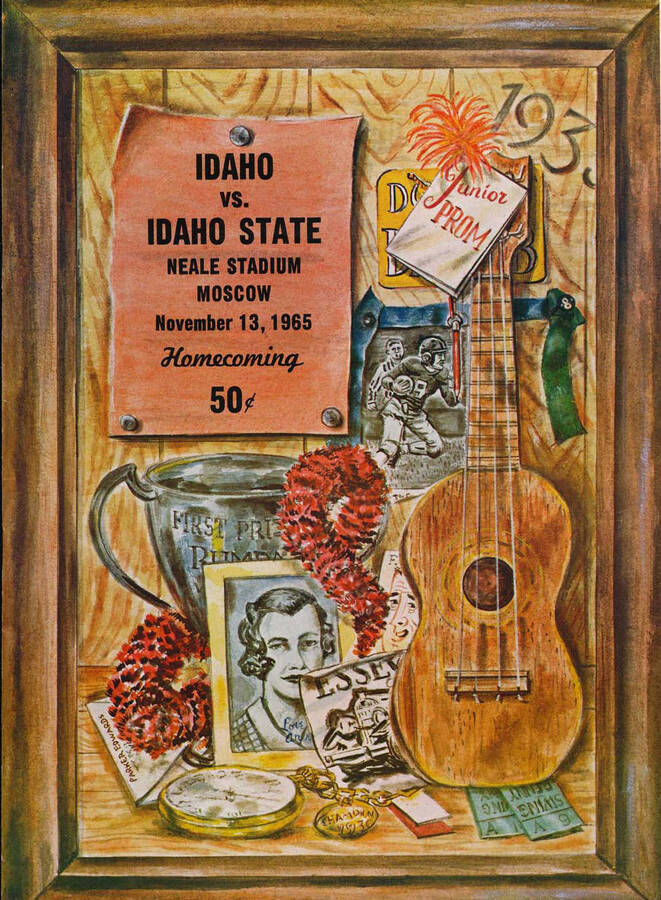 Official souvenir program of the Idaho - Idaho State football game, Saturday, November 13, 1965, Neale Stadium, Moscow (Idaho). Homecoming. Cover depicts picture of college memorandum case.